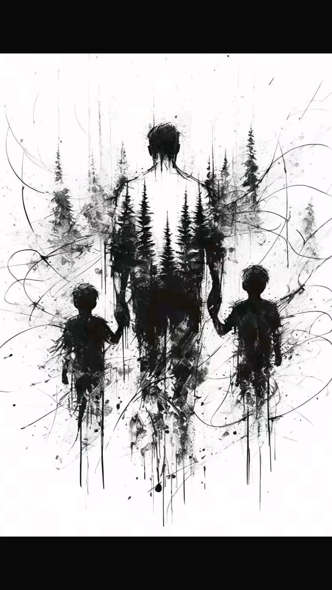 Father walking with his children — ink illustration